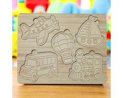 Bamboe Houten Voertuigen Puzzel – Educatieve Houten Legpuzzel voor Kinderen – Duurzaam Montessori Speelgoed – 5 Vervoersmiddelen – Vanaf 2 Jaar
