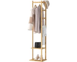 Bamboe kapstok, Hoek Kapstok Stand Hall Bomen Vrijstaande Kleding Opknoping Rail Kledingrek met 2 Planken 3 Hanger Haken en Broek Hanger voor Entree Slaapkamer Woonkamer