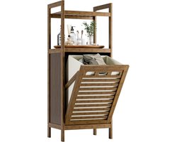 Bamboe Kast met Uitneembare Wasmand en Open Planken - Ruimtebesparend Houten Opbergmeubel
