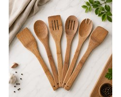 Bamboe Keukengerei Set 6-delig – Bamboe Kookgerei Set – Premium kwaliteit - Kooklepels & Spatels – Krasvrij voor Anti-aanbakpannen - Duurzaam keukengerei