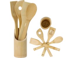 Bamboe Keukengerei Set met Houder - Spatelset - Keuken Spatel - Kookgerei Set - Duurzaam Bamboe - Spatels - 4 Stuks - 30cm Lang