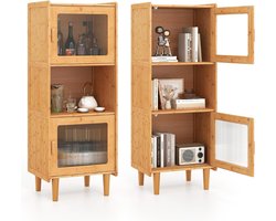 Bamboe Keukenkast - 3-Laags Buffetkast Met 2 Deuren Van Acryl En Open Compartiment - Vrijstaande Vitrinekast Voor Keuken En Woonkamer - 49.5x40x130 Cm