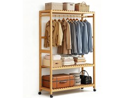 Bamboe Kledingrek - Kledingkast op wielen - Kleding Opbergen - Verstelbare Planken - 98 cm breed - Natuurlijk Bamboe