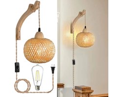 Bamboe Lantaarn Wandlamp – Handgeweven Natuurlijke Rotan & Riet Wandlamp met E27 Fitting, Stekker & Schakelaar