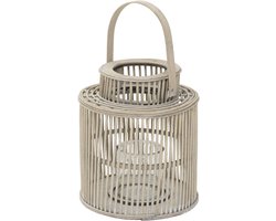 Bamboe lantaarn, windlicht H: 40,5 cm houtkleur, boho-tuinlantaarn met handvat en glazen inzetstuk, kandelaar met gevlochten look
