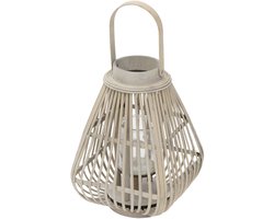 Bamboe lantaarn, windlicht H: 42,5 cm houtkleur, boho-tuinlantaarn met handvat en glazen inzetstuk, kandelaar met gevlochten look