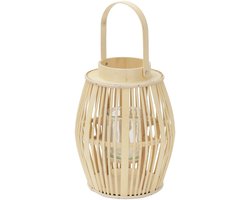 Bamboe lantaarn, windlicht H: 44 cm houtkleur, boho tuinlantaarn met handvat & glazen inzet, rieten kaarsenhouder