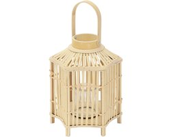 Bamboe lantaarn, windlicht H: 45 cm houtkleur, boho tuinlantaarn met handvat & glazen inzet, rieten kaarsenhouder