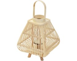 Bamboe lantaarn, windlicht H: 45,5 cm houtkleur, boho tuinlantaarn met handvat & glazen inzet, rieten kaarsenhouder