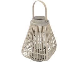 Bamboe lantaarn, windlicht H: 50 cm houtkleur, boho tuinlantaarn met handvat & glazen inzet, rieten kaarsenhouder