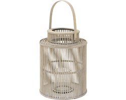 Bamboe lantaarn, windlicht H: 54,5 cm houtkleur, boho tuinlantaarn met handvat & glazen inzet, rieten kaarsenhouder
