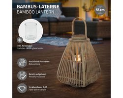 Bamboe lantaarn, windlicht H: 55 cm houtkleur, boho tuinlantaarn met handvat & glazen inzet, rieten kaarsenhouder