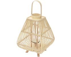Bamboe lantaarn, windlicht H: 55,5 cm houtkleur, boho tuinlantaarn met handvat & glazen inzet, rieten kaarsenhouder
