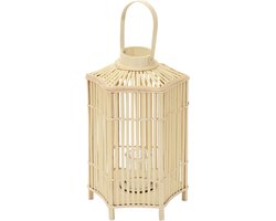 Bamboe lantaarn, windlicht H: 60 cm houtkleur, boho tuinlantaarn met handvat & glazen inzet, rieten kaarsenhouder