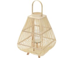 Bamboe lantaarn, windlicht H: 63,5 cm houtkleur, boho tuinlantaarn met handvat & glazen inzet, rieten kaarsenhouder