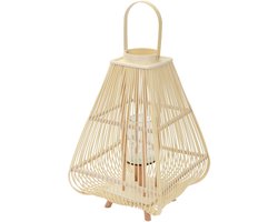 Bamboe lantaarn, windlicht H: 73,5 cm houtkleur, boho tuinlantaarn met handvat & glazen inzet, rieten kaarsenhouder
