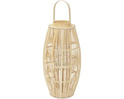 Bamboe lantaarn, windlicht H: 75 cm houtkleur, boho tuinlantaarn met handvat & glazen inzet, rieten kaarsenhouder
