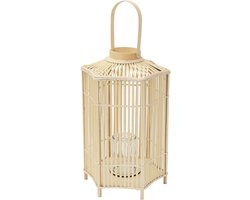 Bamboe lantaarn, windlicht H: 75 cm houtkleur, boho tuinlantaarn met handvat & glazen inzet, rieten kaarsenhouder