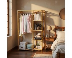 Bamboe Luxe Garderoberek met Gordijn en 6 Planken – 90x30x146,6 cm noviHome