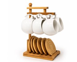 Bamboe Mokkenset 6-delig – Grote Witte Keramische Mokken 200 ml met Bamboe Standaard en Onderzetters – Koffiemokken Set – Theemokken Set – Ruimtebesparend Mokkenrek