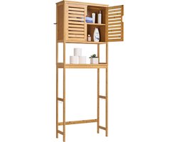 Bamboe Opbergkast voor Boven Het Toilet, 68,9 Inch Badkamerorganizer met Verstelbare Plank, Dubbele Deuren En Open Opbergruimte, Natuurlijke Afwerking
