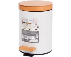 Bamboe Pedaalemmer Wit 3 Liter - Kleine Prullenbak Met Soft Close - Afvalemmer - 17 x 24 cm