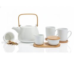Bamboe & Porselein Theeset – 6-delige Set met Theepot, 2 Mokjes en Suiker- & Melkkannetje – FSC-gecertificeerd – Stijlvolle Serviesset – Wit/Naturel