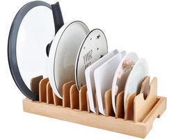 Bamboe Pot Pan Organizer met Verstelbare Verdelers | Keukenkast Organizer voor Pannen, Snijplanken, Bakplaten en Dinerplaten