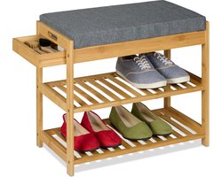 Bamboe schoenenbank - multifunctioneel - modern - 1 stuk - grijs kussen - 49x55x30 cm