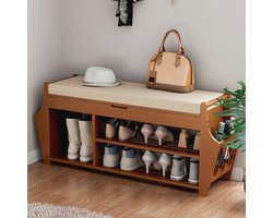 Bamboe schoenenbankrek met opberging en kussen - 2 niveaus voor entree of hal