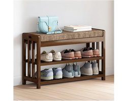 Bamboe schoenenrek bank - Schoenenopberger hal - Entree organiseren - Gewatteerde linnen zitting - 50/60/70/80/90x27x45cm - Natuurlijk bruin