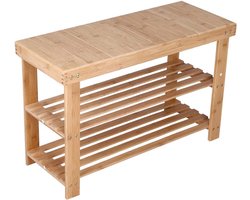 Bamboe schoenenrek met bank - schoenenopberging voor de entree - 1 stuk - 2 etages - 70 x 28 x 45 cm
