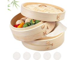 Bamboe Stomer 20 cm 2-Laags - Perfect voor Dim Sum en Vis - Inclusief 5 Katoenen Doeken bamboo steamer