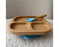 Bamboe Street bamboo organisch bordje - Baby Cadeau - Kinderservies set - Zuignap - Kinderbord - Baby servies - Baby bestek - Melamine & BPA-vrij - Kraamcadeau - Babyshower cadeau - Baby - Geboorte Cadeau - zuignap - milieuvriendelijk - Blue Blauw