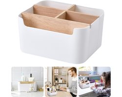 Bamboe tafel-organizer, desktop, 5 vakken, houten bureaupen, bureau-organizer, opbergdoos, houten bureau-organizer, bureau-organizer voor cosmetica, pennen, kleine voorwerpen