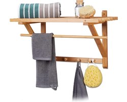 Bamboe wandkapstok met hoedenplank en 4 haakjes voor aan de muur - handdoekenrek - HBD 30 x 60 x 35 cm - natuurlijk hout kapstok hangend met plank