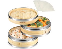 Bamboedemper 2 etages met versterkte rand van roestvrij staal 20 cm - Inclusief 2 katoenen doeken - Voor rijst, dim sum, groenten en meer bamboo steamer