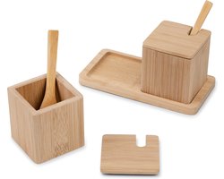 Bamboo Cube Set Luxe Kruidenpotjes - Zoutvaatje - Bamboe zoutstrooiers met lepels en houder - Peper en zoutstel - Zoutvat -Specerijen opberger