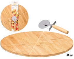 Bamboo Pizzaplank met Pizzasnijder - Pizzabord Hout met Handvat - Keukengerei voor Perfect Snijden - Ø 35 cm - Inclusief Pizzames