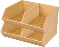 Bambou & Co Stapelbare opbergmand 2 vaks organizer - 2x - L35 x B31 x H12 cm - bamboe hout - lichtbruin