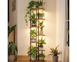 Bamworld Plantenstandaard met Groeilicht voor Kamerplanten Hoek 7 Niveaus Metalen Plantenrek Houten Bloemstandaard voor Huis Woonkamer Decoratie Terrasdecoratie
