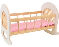 Bandits & Angels Houten Poppenbed Poppenwieg Wit met Rotan - Poppenbed Hout - Geschikt voor Pop tot 42 cm - Inclusief beddengoed - Poppen Wieg - Poppen Meubel
