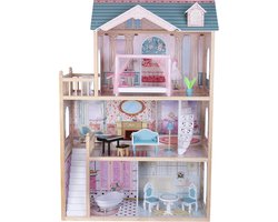 Bandits & Angels Houten Poppenhuis Sweet Country House vanaf 3 jaar 124 cm hoog Roze/Blauw - Inclusief 11 Meubeltjes - Geschikt voor Barbie - Poppen Huis - Poppen Meubels