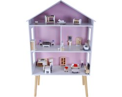 Bandits & Angels Houten Poppenhuis Wit Roze Modern Villa vanaf 3 jaar 115,5 cm hoog - Inclusief 47 meubeltjes - Poppen Huis - Poppen Speelgoed
