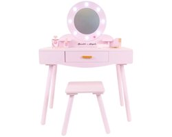 Bandits & Angels Kinder Kaptafel Sofia Roze Met Spiegel en Lampjes voor Meisjes vanaf 3 jaar - Houten Make-Up Tafel - Kaptafel Inclusief Krukje - Voor Kinderen