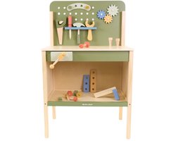 Bandits & Angels Kinderwerkbank hout Little Worker Retro Groen vanaf 3 jaar - Houten Kinder Werkbank - Hoogte Werkblad 55 cm - Inclusief Gereedschap - Inclusief Accessoires - Opbergruimte Onder Werkblad