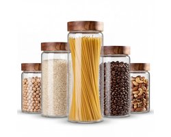 Bangosa Glazen Voorraadpotten Acacia Deksel – Voorraadbussen Glas - 650ml | 1000ml | 1750ml – Inclusief Labels & Marker – Luchtdicht – 5 sets