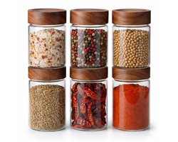 Bangosa Glazen Voorraadpotten Set 6x 230ml - Kruidenpotjes met Houten Deksel - Thee Bewaar Potjes - Inclusief Labels & Marker - Luchtdicht - Vierkant - Kruiden Organizer voor Keuken