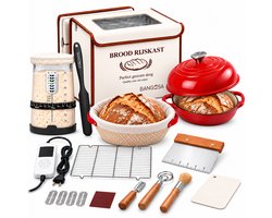 Bangosa Zuurdesem Starter Set Compleet – Broodbakset met Elektrische Rijskast, Broodpan Gietijzer 5,7L Dutch Oven, Banneton Rijsmand, Fermentatiepot & Deeggereedschap