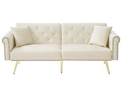 Bank 173x75x70cm Slaapbank Gestoffeerde Bank Crème Fluweel Met 3-standen Verstelbare Rugleuning Vergulde Metalen Poten Modern Design Geschikt Voor Kleine Ruimtes Woonkamer Slaapkamer Logeerkamer